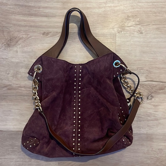 Michael Kors Astor Studded Chain Burgundy/Eggplant Suede Slouchy Shoulder Bag - Picture 1 of 12